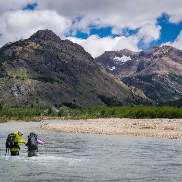Wading La Gloria river - Valle Hermoso, Patagonia National Park Chile.